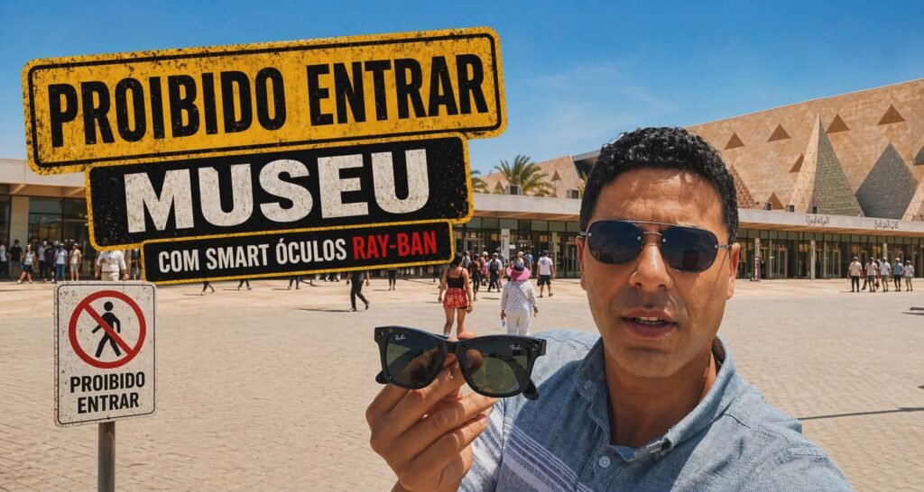Entrada das Pirâmides de Gizé com controle de segurança que impede o uso de óculos inteligentes Ray-Ban Meta