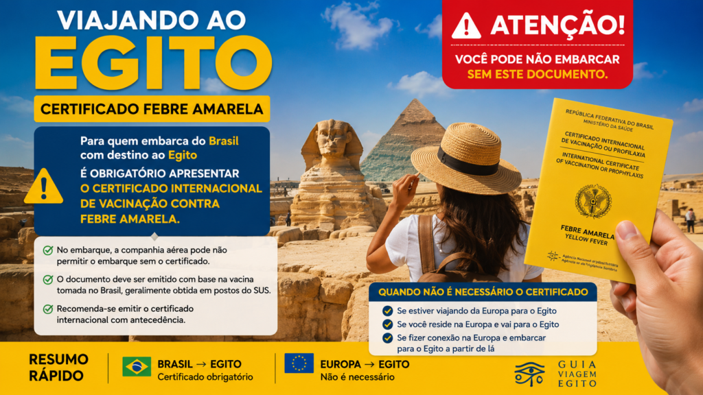 Certificado de febre amarela para o Egito: quem precisa, como emitir e regras atualizadas para brasileiros viajarem sem problemas.