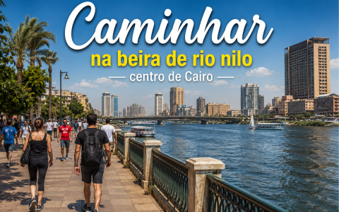 Turistas caminhando e correndo na beira do Rio Nilo, no centro do Cairo, durante um dia ensolarado, com vista para os prédios modernos da cidade e a paisagem urbana da capital do Egito.