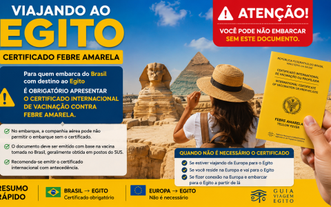 Certificado de febre amarela para o Egito: quem precisa, como emitir e regras atualizadas para brasileiros viajarem sem problemas.