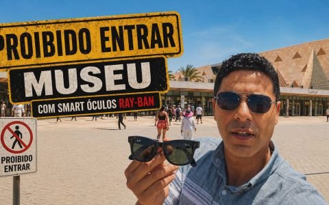 Entrada das Pirâmides de Gizé com controle de segurança que impede o uso de óculos inteligentes Ray-Ban Meta